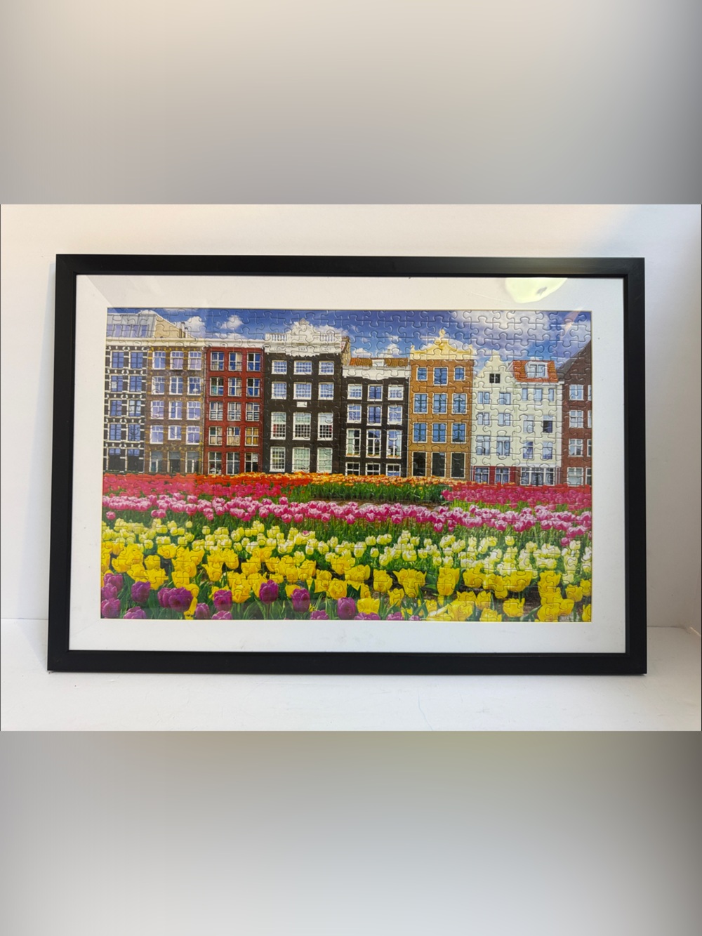 Framed Puzzle Tulip Field and Canal Print in Black Frame
